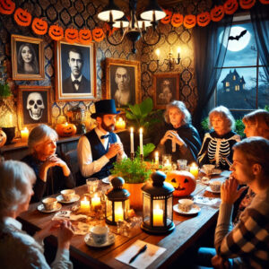 DALLÂ·E A Halloween themed murder mystery night in a community setting A cozy room with dim lighting candles and spooky decorations Residents dressed in c