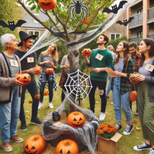 DALLÂ·E A Halloween scavenger hunt set in a community garden or courtyard area Residents dressed in casual Halloween themed outfits searching for spooky ite