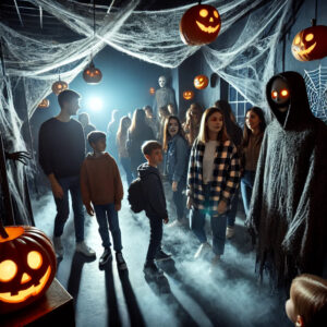 DALLÂ·E A haunted house experience in a shared community space with dim lighting spooky decorations like cobwebs eerie pumpkins and ghostly figures Peopl