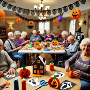 DALLÂ·E A spooky craft workshop event in a community room Residents of all ages sitting at tables creating Halloween themed crafts like paper pumpkins spoo