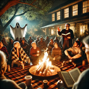 DALLÂ·E A ghost storytelling night by a fire pit with residents gathered around listening to eerie stories The setting is outdoors with trees and dim light