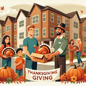 DALL·E A warm and inviting illustration of a family in an apartment community receiving free Thanksgiving turkeys with smiling residents and staff handing o