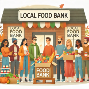 DALL·E A warm and community focused illustration of a group of diverse people donating food to a local food bank The scene features volunteers happily organ