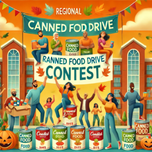 DALL·E A vibrant and cheerful illustration of a regional canned food drive contest at an apartment community The scene features residents and staff enthusia