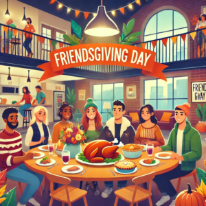 DALL·E A vibrant and cheerful illustration of a Friendsgiving celebration in an apartment community The scene features a group of diverse friends gathered a