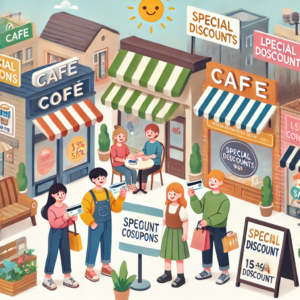 DALL·E A cheerful and inviting illustration of a local business area with various small shops such as a café a bookstore and a clothing store Residents a