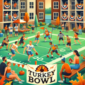 DALL·E A lively and cheerful illustration of a community Turkey Bowl event showing residents playing flag football on a grassy field The scene includes peo