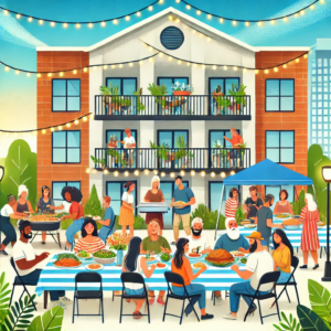 DALL·E A cheerful and lively illustration of an apartment community potluck event Residents of diverse backgrounds are gathered at tables filled with variou