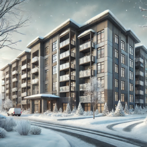 DALLA·E 2025 01 21 10.15.14 A detailed image of a modern apartment complex exterior during winter prepared for storms. The scene features a mid rise apartment building with mult